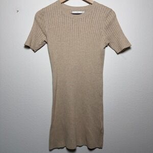 One Grey Day Women Cotton Cashmere Dress Small Tan Ribbed Short Sleeve